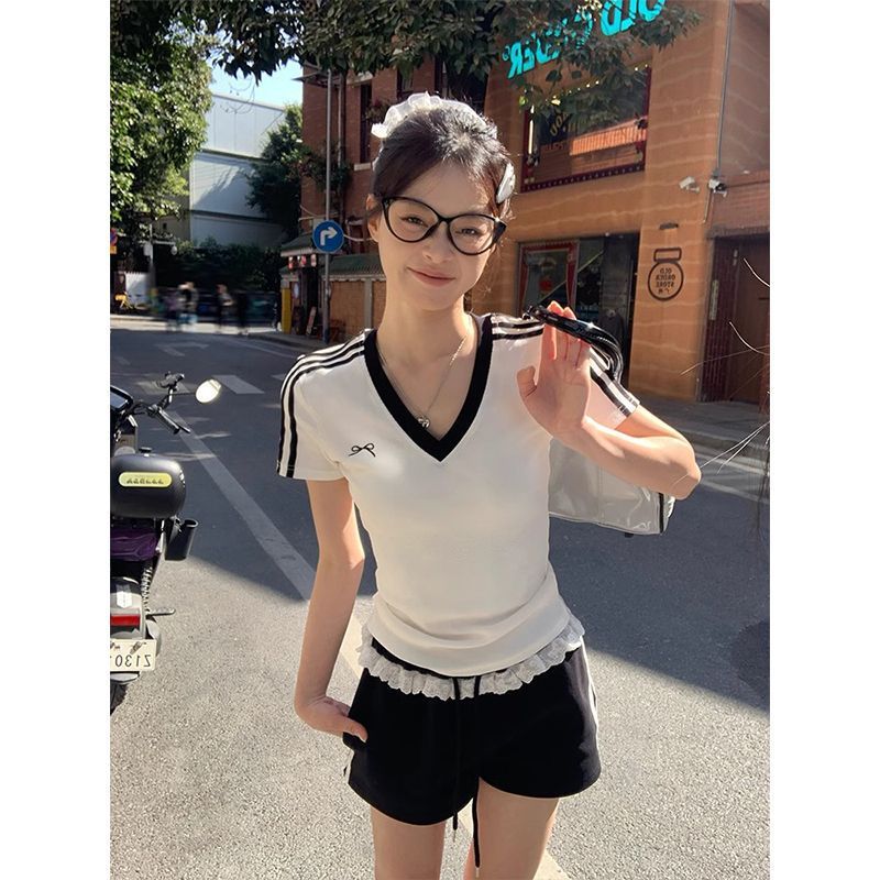 黄色领条纹正肩短袖恤女2025夏季新款美式修身显瘦短款体恤上衣|undefined
