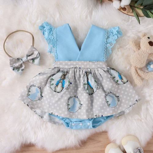 Baoxin Children's Wear  New Foreign Trade Easter Daily Cute Bunny Printed Flying Sleeve Harness Openable Romper Suit