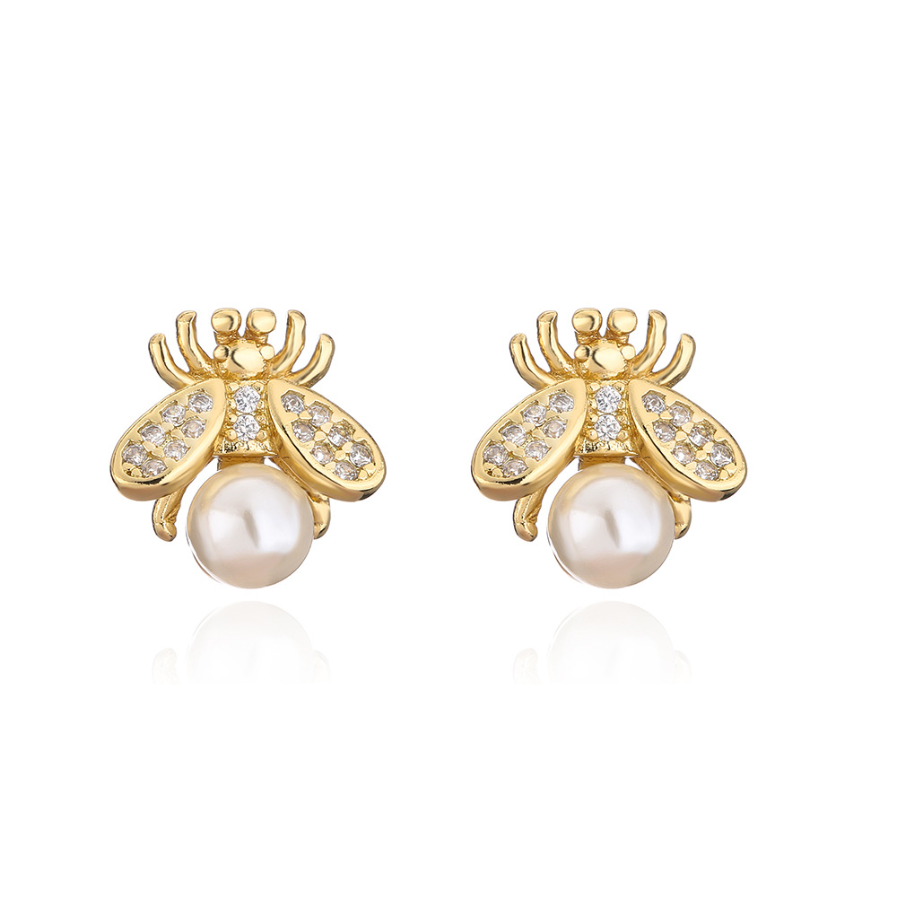 fashion inlaid ziorcon pearl cute bee copper stud earrings wholesale