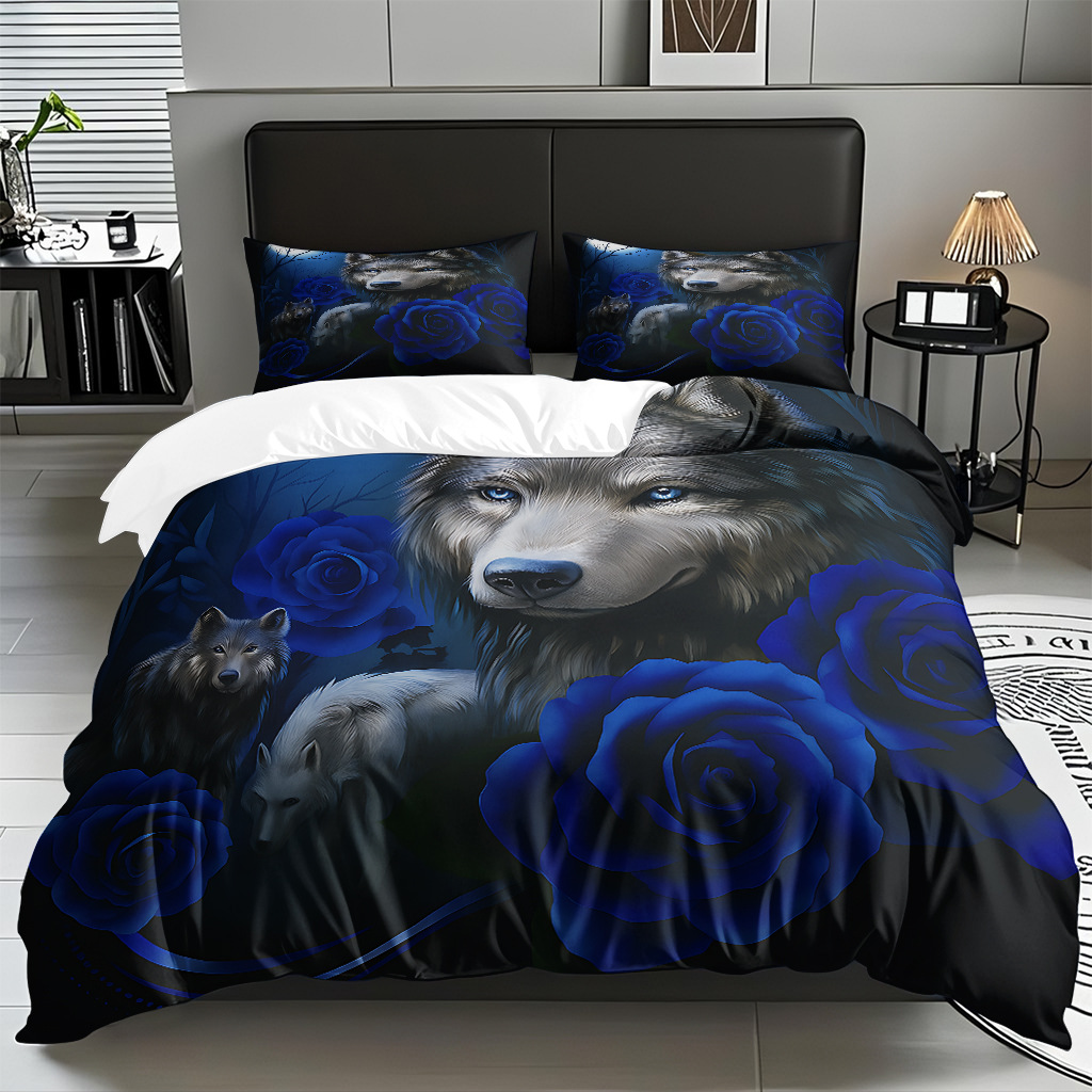 TEMU / JIT adaptado al patrón de lobo impresión digital set edredón molido textil transpirable para dibujar puede hacer