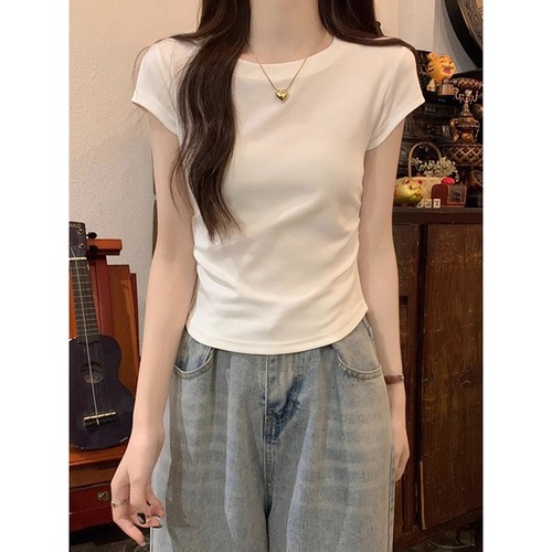 Eurasian solid color regular shoulder short-sleeve summer slimming design sense niche short-length waisted versatile belt-shrinking gray top