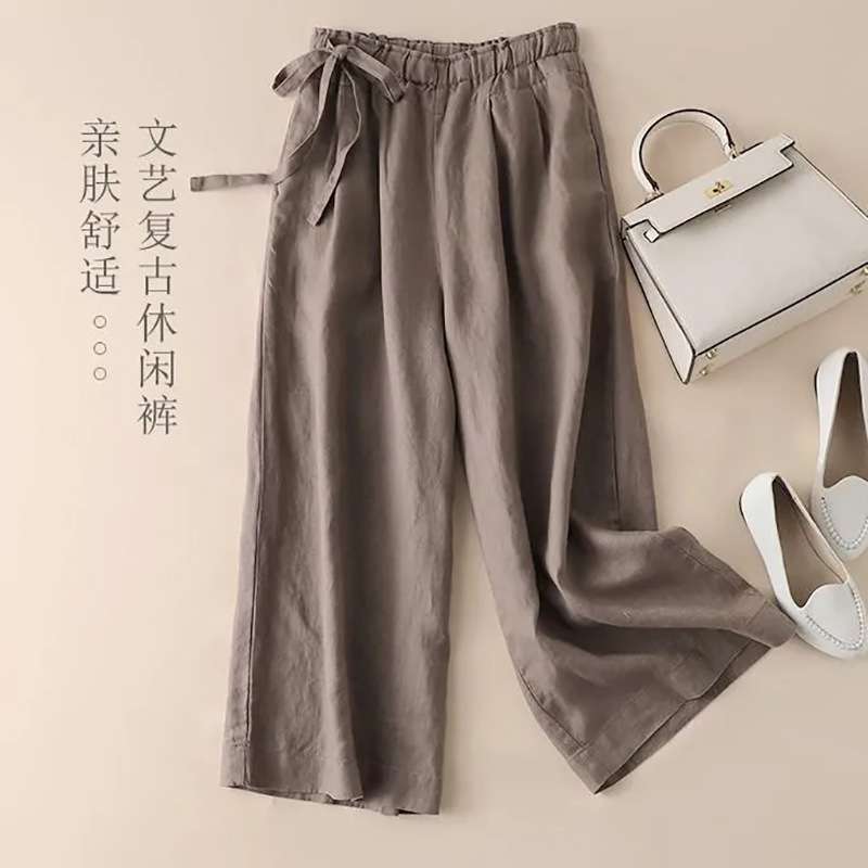 Pure Cotton Nine-Point Wide-Leg Pants for Women, Summer Cotton-Linen Thin High-Waisted Side-Tie Retro Artistic Elastic Casual Pants for Women Pure Cotton Nine-Point Wide-Leg Pants for Women, Summer Cotton-Linen Thin High-Waisted Side-Tie Retro Artistic Elastic Casual Pants for Women