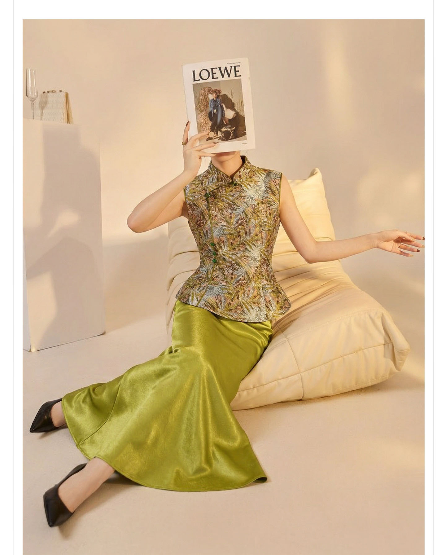 Set áo gi-lê không tay cổ đứng + chân váy midi jacquard phong cách Trung Quốc mùa hè — Màu xanh lá cây nửa váy, vàng nửa váy, Áo khoác xanh chi tiết 12