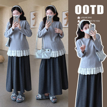 2025秋冬新款韩版高级感减龄花边卫衣半身裙孕妇套装