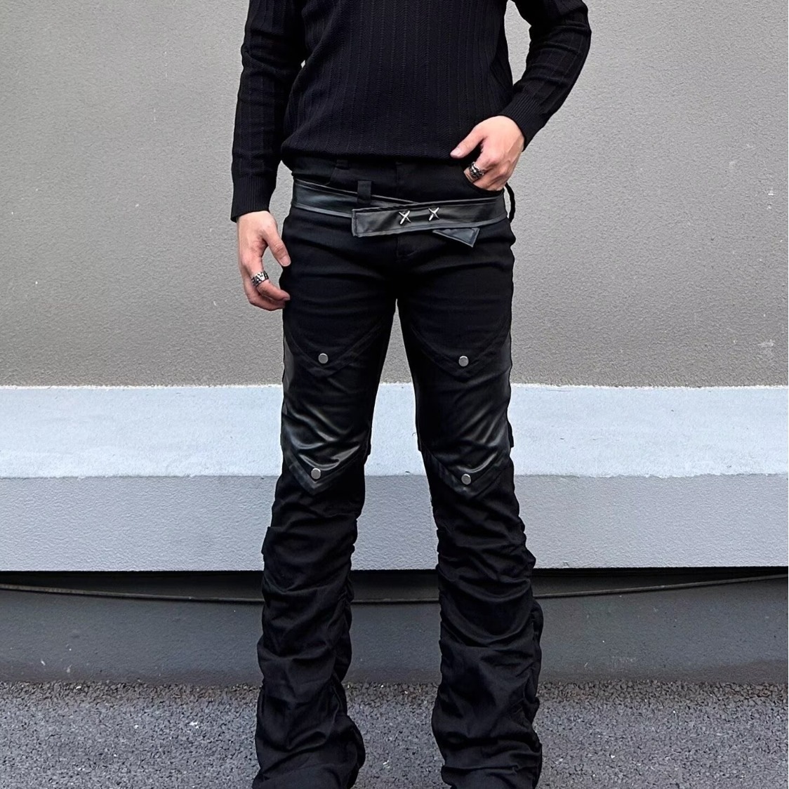 Men's Retro Washed Distressed Cleanfit Jeans Slightly Flared Slimming Black High Street Style American Vibe Curved Pants_mkmklike.com