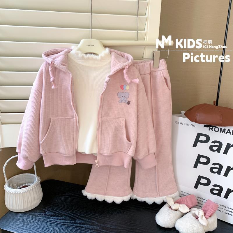 Spring and Autumn Girls' Outfit Baby Stylish Children's Trendy Fashionable Korean Cartoon Hooded Jacket Lace Bell-Bottom Pants