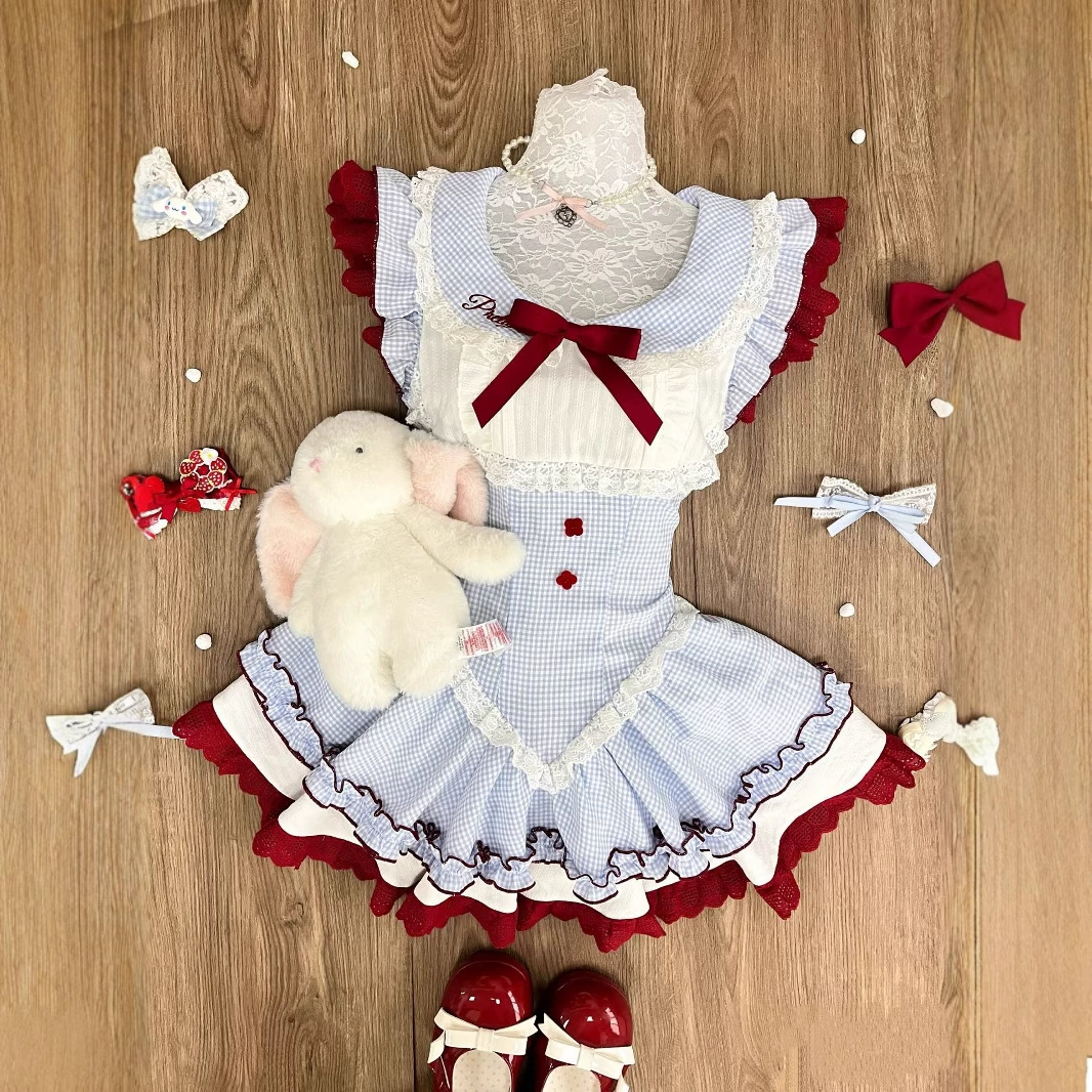 Синее клетчатое платье в японском стиле с шариками вишневого цвета, летнее милое пышное платье принцессы в стиле Лолиты с маленькими развевающимися рукавами