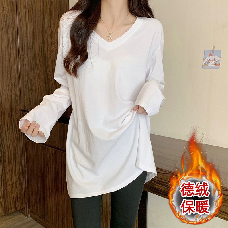Women's White V-Neck Long-Sleeve Base Shirt, Spring and Autumn Style, Loose Fit, Slimming, Mid-Length, Covers the Hips, T-Shirt for Layering Women's White V-Neck Long-Sleeve Base Shirt, Spring and Autumn Style, Loose Fit, Slimming, Mid-Length, Covers the Hips, T-Shirt for Layering