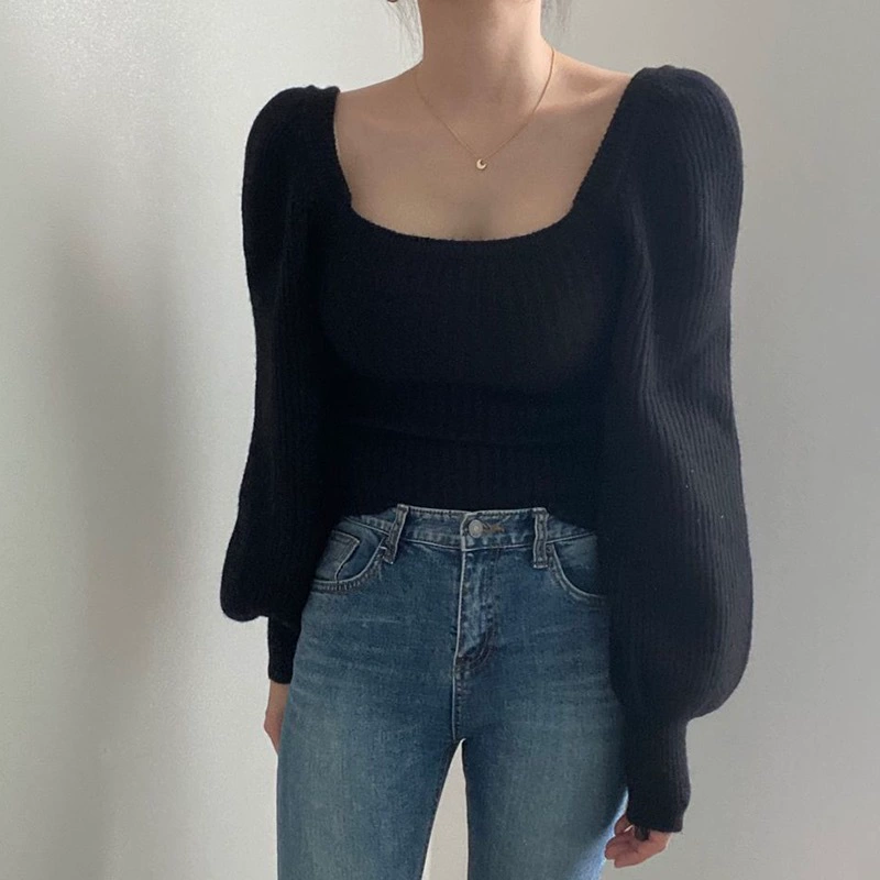 Осень ретро милый дизайн фонарик, вязаный свитер, квадратный вырез, Slim fit
