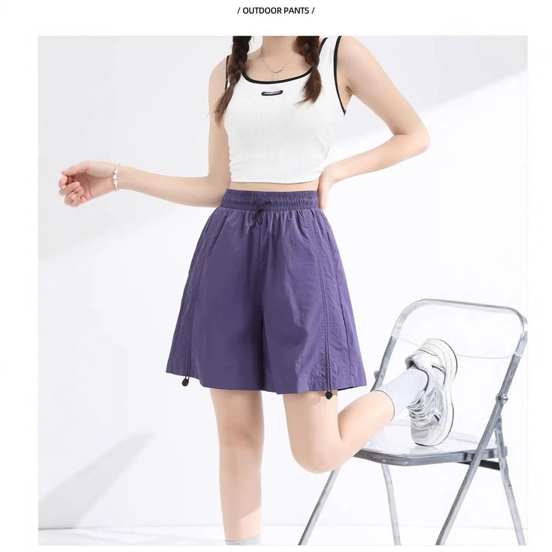 Summer Waterproof Sports Ice Silk Shorts for Women, Trendy Brand, Loose Wide-Leg Casual Upf50+ Five-Point Pants, Retro Style