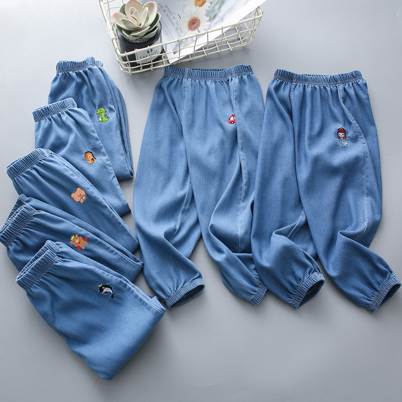2025 Summer Tencel Denim Summer Children's Anti-Mosquito Pants Korean Style Boys and Girls Jeans Embroidered Thin Pants