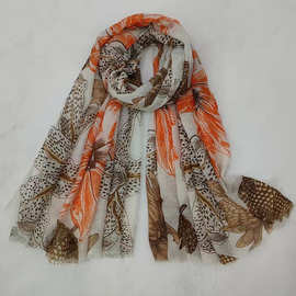 法国原单新款印花围巾 女橘色大花撒银散须丝巾百搭夏季防晒披肩