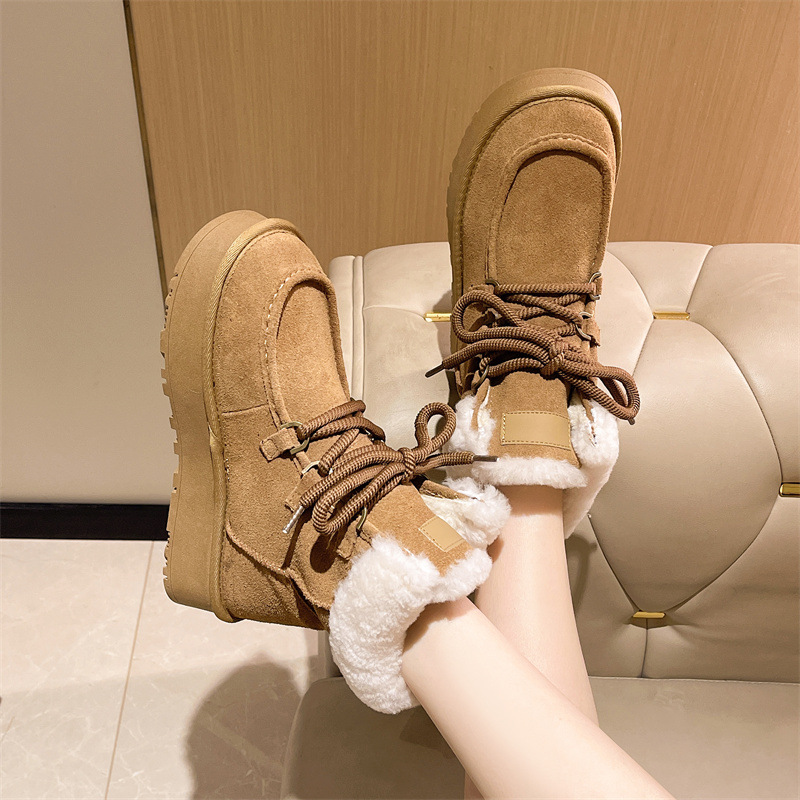 特价促销甜美学院风厚底棉靴2025秋冬新款系带雪地靴女真皮平底靴