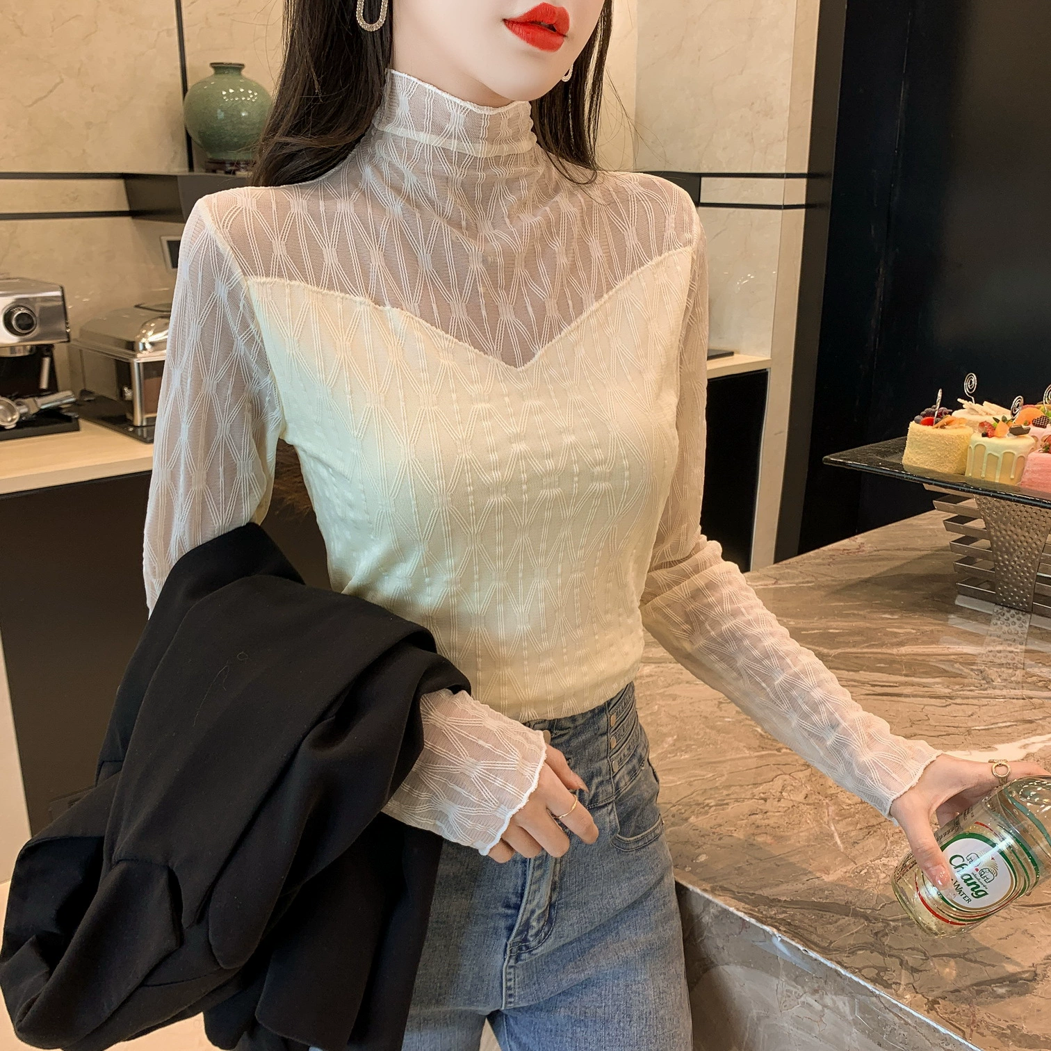 Осень-зима на флисовой подкладке Новая рубашка с кружевным низом, Женский Узкий топ с длинными рукавами и внутренней сеткой, прозрачная полая маленькая рубашка