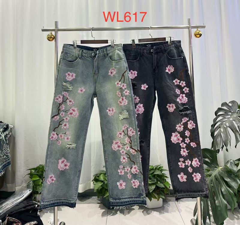 桜刺繍入りデニムパンツ！リッピングデザイン、ファッショナブルでカジュアル、スリムでストリートスタイル-WL617|undefined