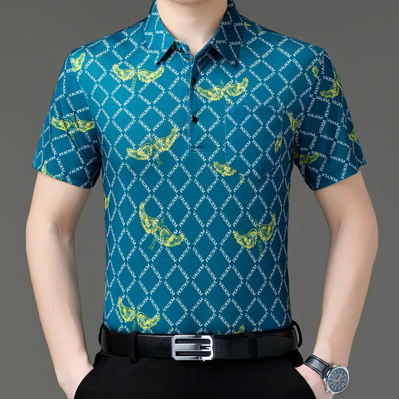 Silk Cotton Short-Sleeve Men's Summer Style Middle-Aged Printed Half-Sleeve T-Shirt Polo Shirt for Dad with Collar 2026 with Pockets