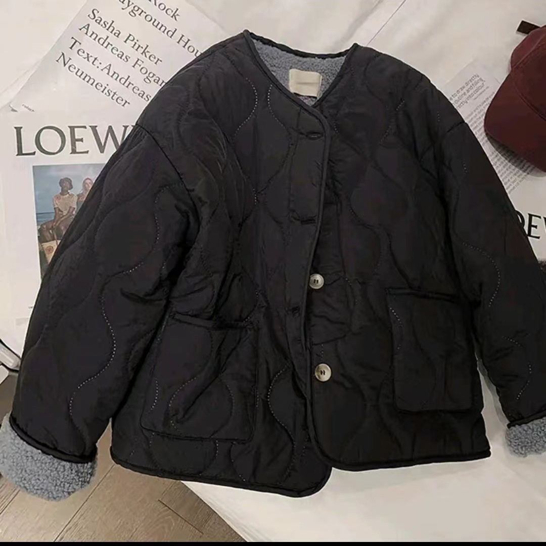2025 핑크 RHOMBUS FAUX CASHMERE COTTON-PADDED JACKET 여성용 한국식 두꺼운 라운드 넥 코트 코튼 패딩 코트 컬러 블랙