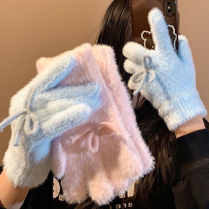韩系可爱蓝色蝴蝶结毛绒针织手套女秋冬季加绒保暖防寒分指毛茸茸|undefined