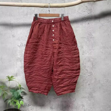 2024夏季新款松紧腰大码苎麻双层八分裤休闲文艺灯笼裤女