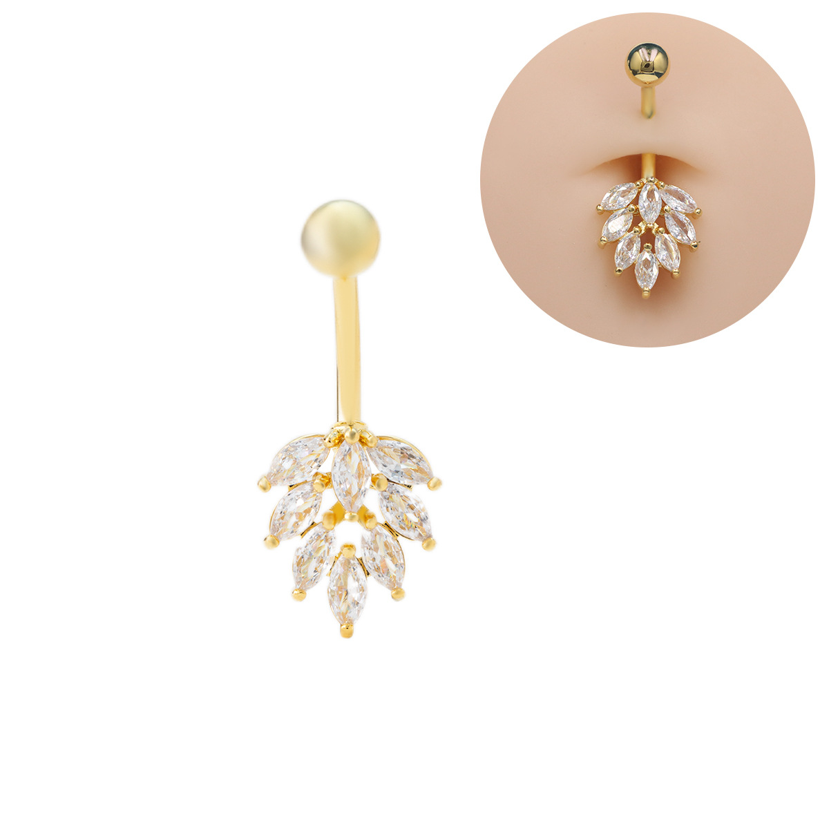 Stainless Steel Navel Ring With Zirconia Leaf Design For Women_voghion.com