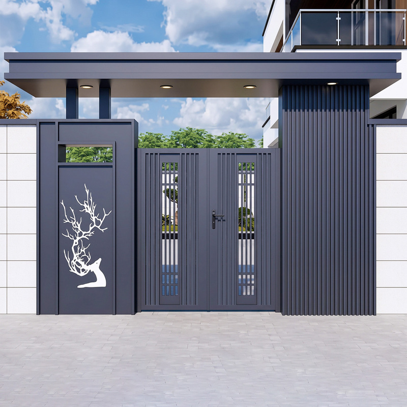 New Chinese-style aluminum courtyard door, double-opening entrance door, villa wall gate with lights, vertical grille decorative archway