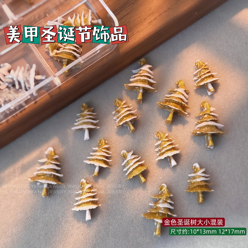 跨境圣诞美甲饰品6格盒装圣诞树透明雪花树脂穿戴甲材料包钻套装|undefined