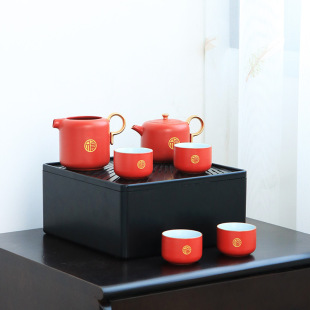 Crude Pottery Travel Tea Set Car Outdoor suit Portable Express Cup Storage Box One Pot Four Cups Enterprise Accompanying Gift