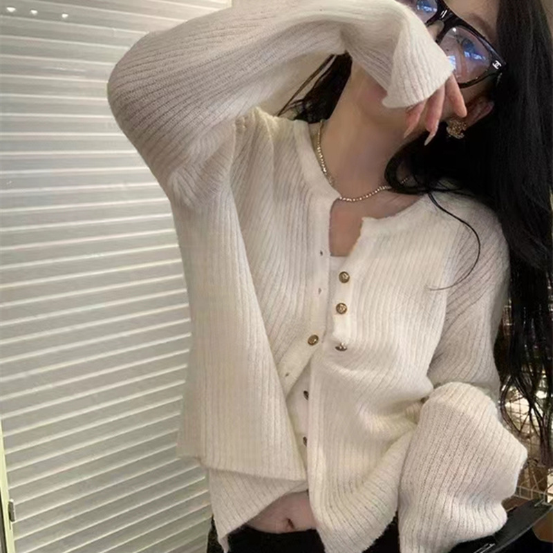 부드럽고 게으른 부드럽고 밀랍 같은 여성용 라운드 넥 니트 가디건, 가을 짧은 탑, 다용도의 달콤한 스웨터, 스몰 코트, 트렌디