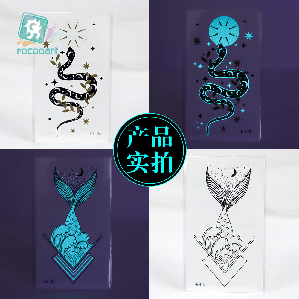 Nuevo azul transfronterizo impermeable luminoso tatuaje pegatinas Festival de Música fiesta brillante serpiente mariposa cara pegatinas tatuaje