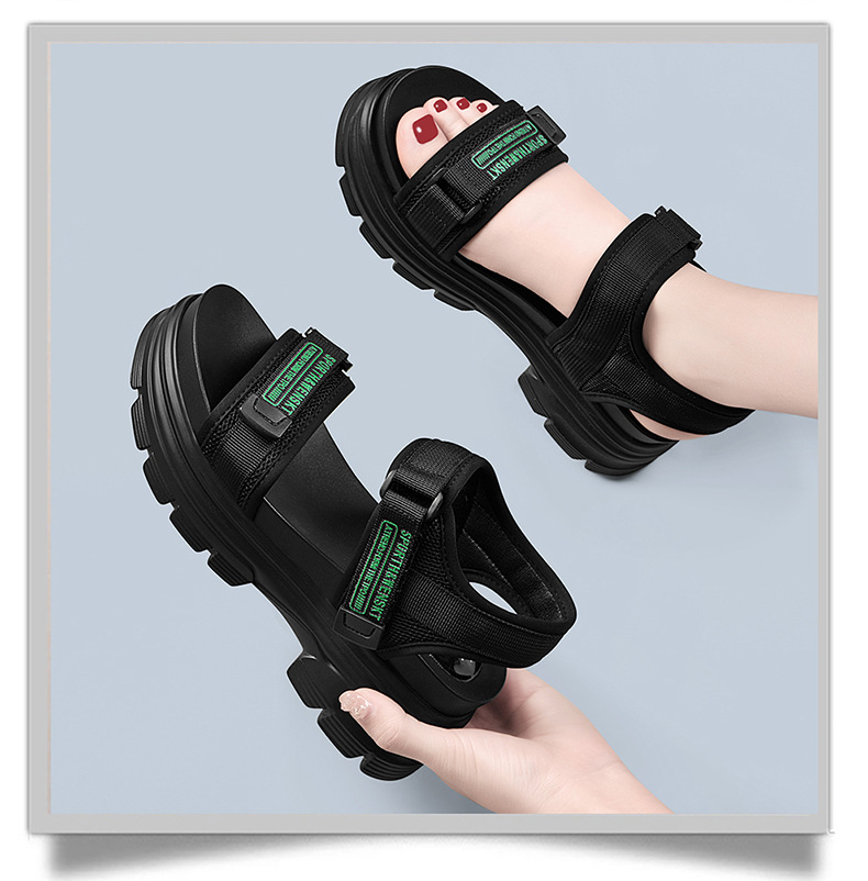 Giày sandal thể thao da thật đế dày nữ gót 4cm quai chữ V khóa dán — JST 1609 cao gót xanh đen 4cm, Đen trắng 2001 LJ, JST 1611 cao gót xanh đen 4cm, 2206 ML màu đen chi tiết 11