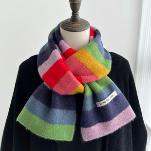 Niche Rainbow Color Korean Style Striped Colorful Knitted Small Scarf Women's Winter Short Style Men's Korean Style Internet Celebrity Scarf