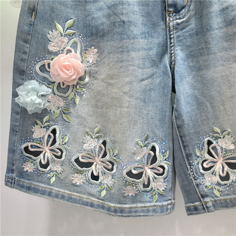 Shorts Bermudas de Denim con Bordado Calado y Tiro Alto para Mujer
