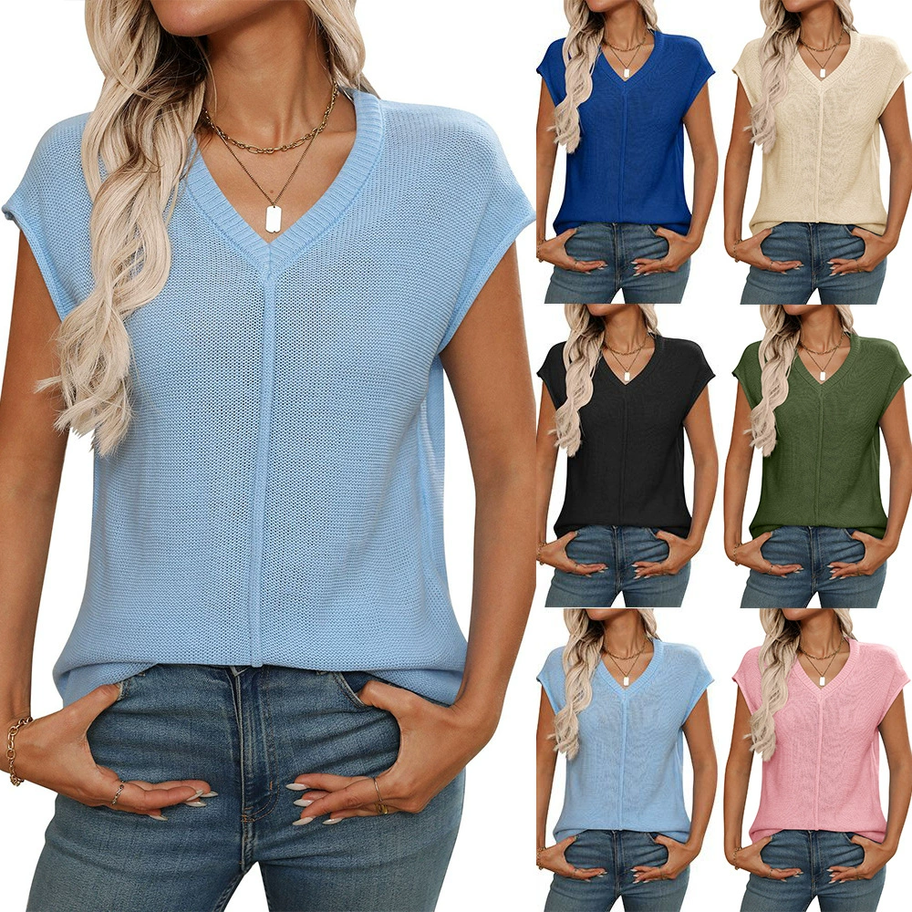 2025 лето новый трансграничный европейский и американский женский амазонка женский топ с V-образным вырезом вязаный толстый свитер повседневный