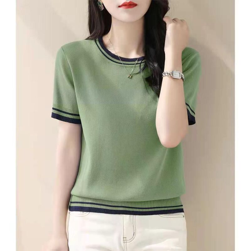 Knitted Bottoming Shirt for Women 2025 Spring and Summer New Style French Loose Waist Round Neck Three-Quarter Sleeve Top Thin