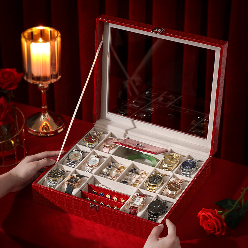 高档鳄鱼纹皮手表盒首饰收纳盒多功能饰品盒子戒指耳钉珠宝展示盒