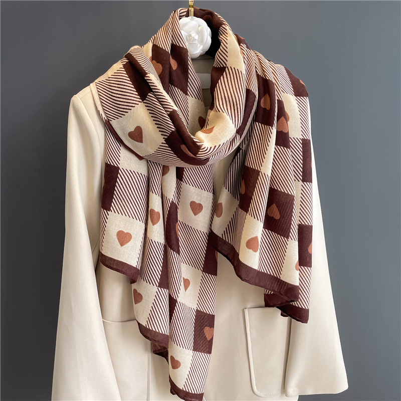 180g Weight Scarf Classification Street Occasion cotton and linen Material Lattice, Heart Shape Pattern Spring, Autumn Season Women's Gender IG Style Style Women's Ig Style Lattice Heart Shape Cotton And Linen Scarf 无
