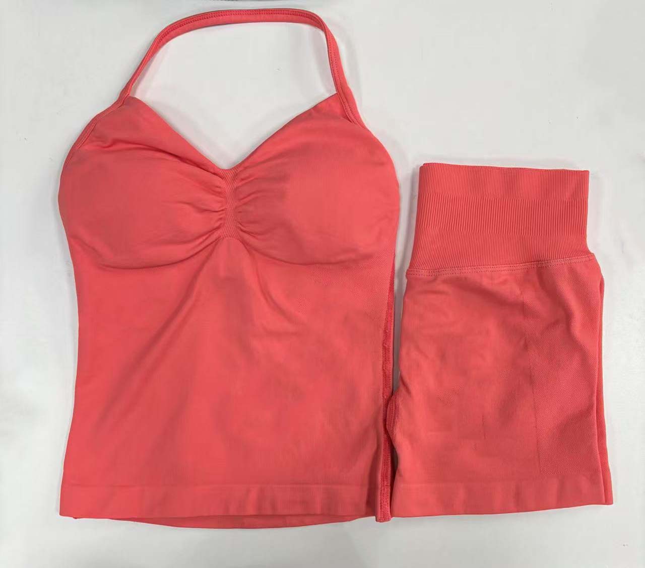 Conjunto DF Amazon pantalones cortos explosivos sujetador pequeño alto elástico superfino nailon halter cuello hermoso chaleco deportivo trasero