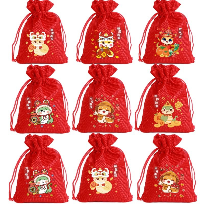 新款大红色束口麻布新年元旦礼物包装袋蛇年礼品糖果零食喜庆布袋