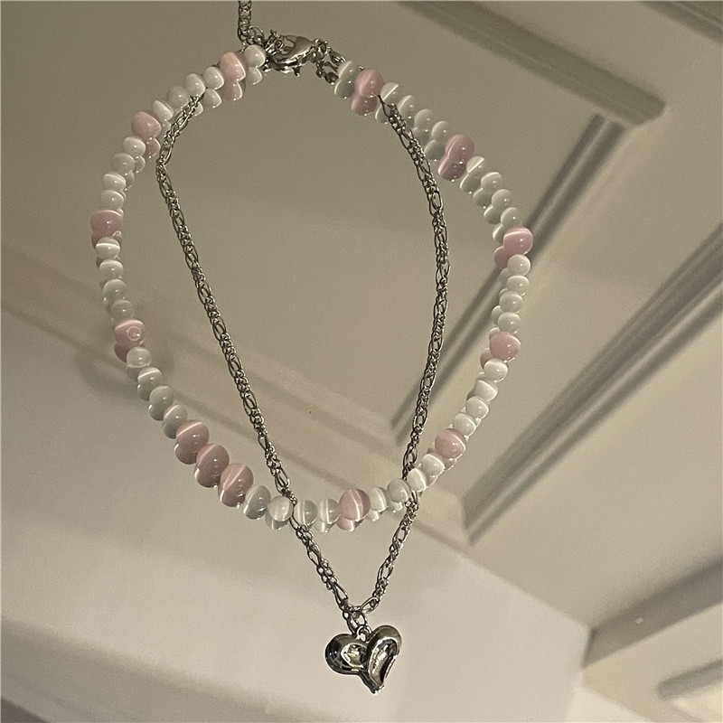 Fashion Pink Tourmaline Stone Heart Pendant Double Necklace Wholesale Nihaojewelry display picture 6