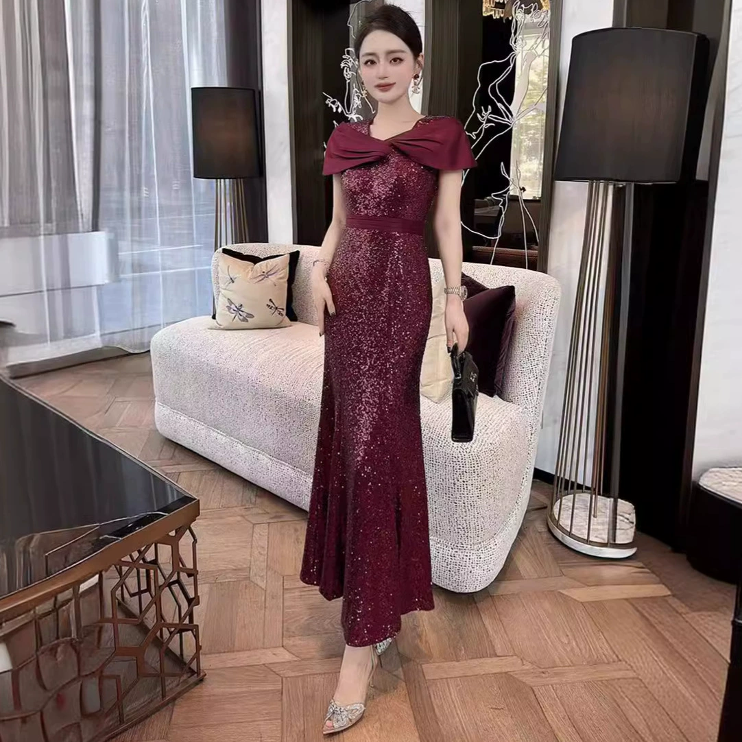2024 Летнее элегантное качество тонкое платье с блестками длинное платье свадебный банкет свадебный ужин платье плюс размер