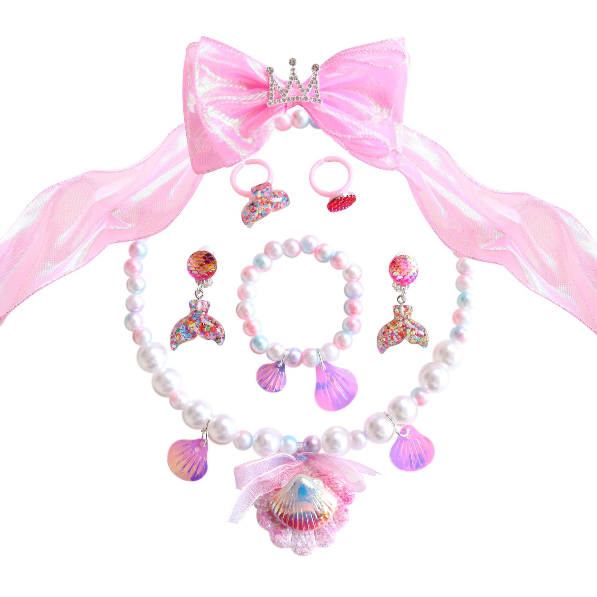 Collar para niños sirena cola collar de perlas para niñas pulsera anillo pendientes traje para niñas accesorios para bebés