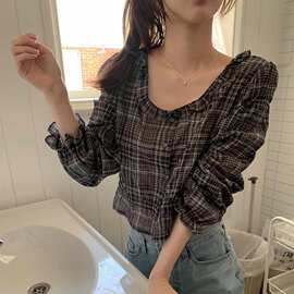 韩国 chic法式复古格纹衬衫女边收腰小众设计感上衣图片色