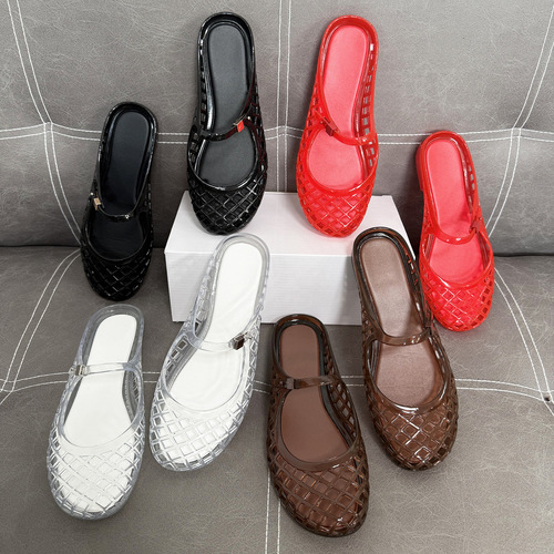 2025 new European and American style single lightweight luxury water-resistant pomegranate red Mary Jane jelly sandals for women, crystal shoes