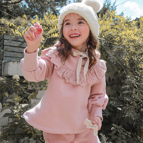 2024 Autumn and Winter Strawberry Shan Korean Style Children's Wear Children's Girls Fashionable Lace Hooded and Velvet Loose Sweatshirt