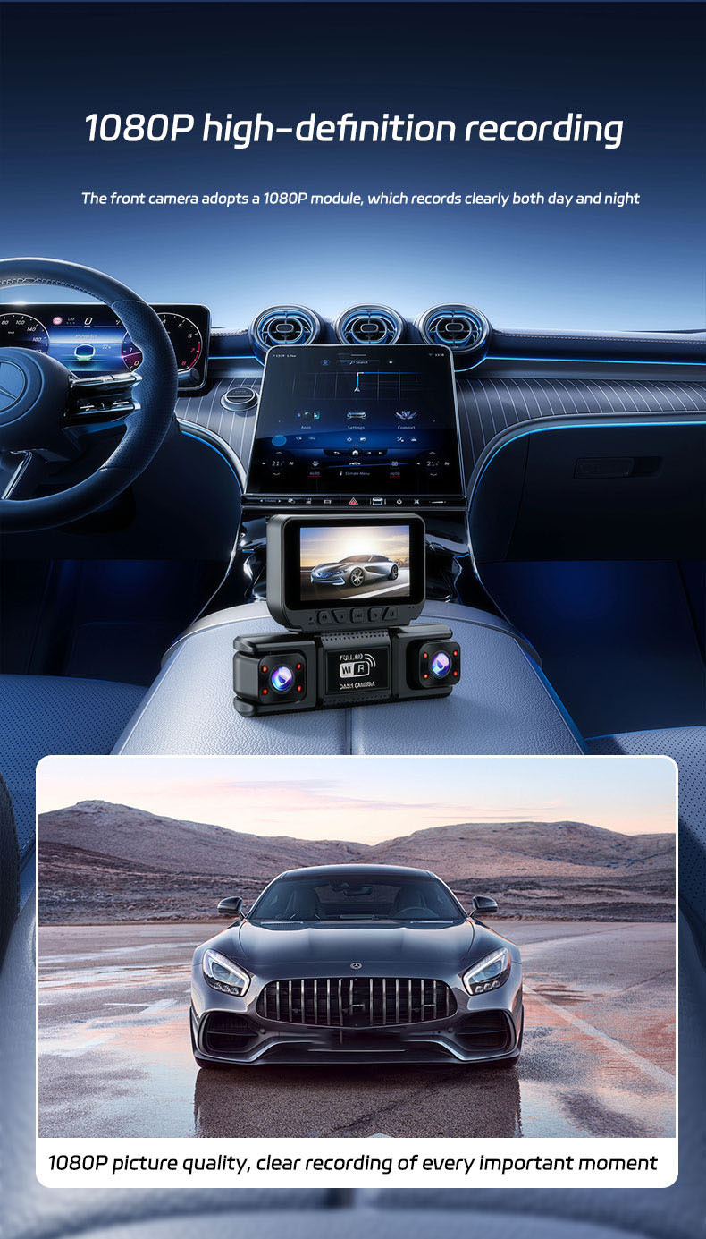 360-degree four-lens dashcam with WiFi mobile phone connectivity, infrared night vision, and loop recording