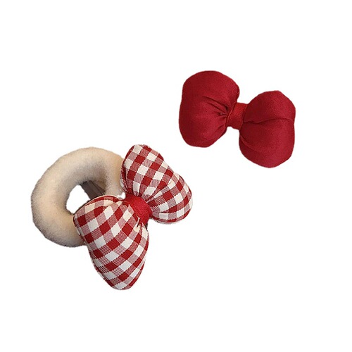 Sweet Girl Red Checkered Bow Hair Ties for Girls Fluffy Headbands Hair Ties for Braiding Ponytail Hair Accessories