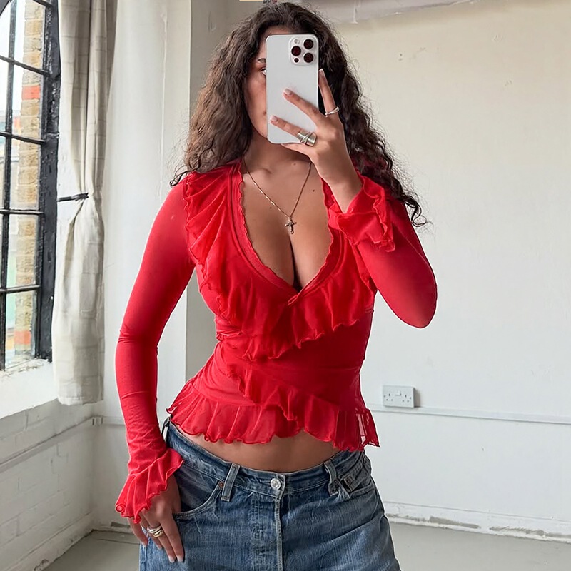 European and American Style Women's Clothing 2026 Summer New Arrivals Sexy Low-Cut V-Neck Ruffled Slim Fit Flared Long-Sleeve Tops Wholesale European and American Style Women's Clothing 2026 Summer New Arrivals Sexy Low-Cut V-Neck Ruffled Slim Fit Flared Long-Sleeve Tops Wholesale