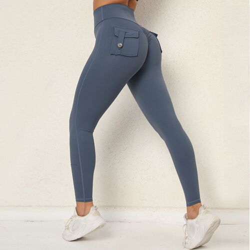Peach butt workwear tight pocket yoga pants for women high waist elastic hip lift button quick dry running fitness pants for women
