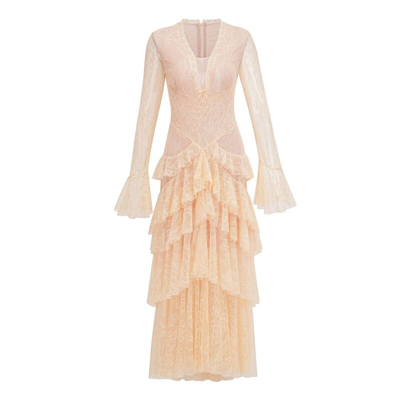 Cross-border women's elegant long dress with V-neck, bell sleeves, lace, and intricate detailing, a light luxury gown for parties and balls Cross-border women's elegant long dress with V-neck, bell sleeves, lace, and intricate detailing, a light luxury gown for parties and balls