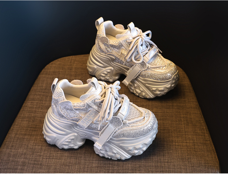 Giày sneaker nữ đế dày tăng chiều cao đính đá lưới thoáng khí — màu trắng chi tiết 5